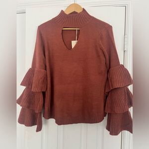 IJOAH Elegant Rust Cut Out Sweater with Ruffled Sleeves, NWT, Size Small